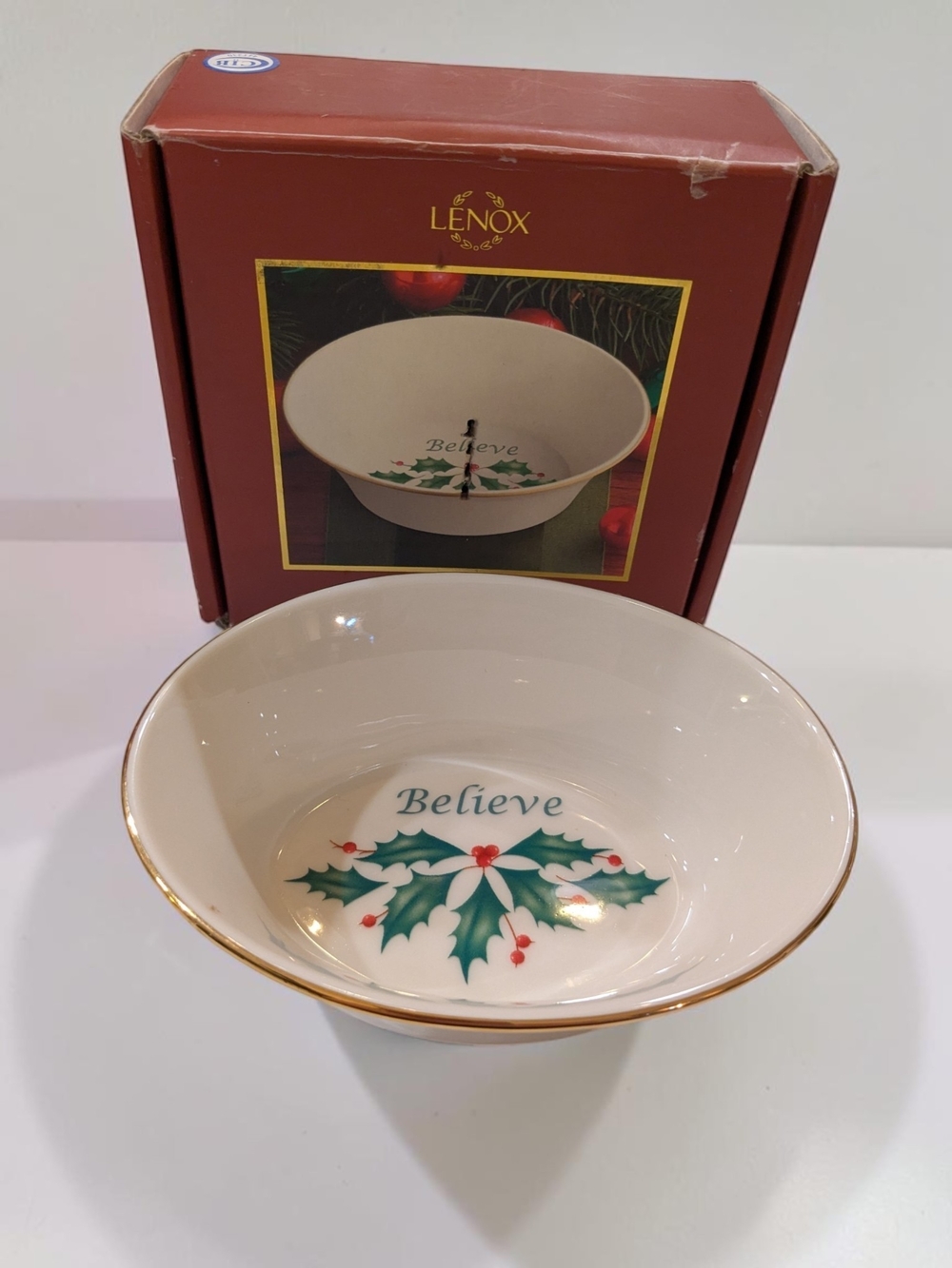 Lenox "Believe" Holiday Holly Gold-Rim Ceramic Accent Dish